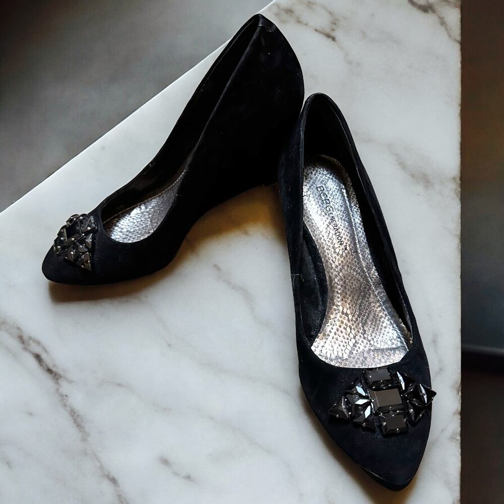 BCBGENERATION Jewel Embellished Wedge Velvet Pumps EUC